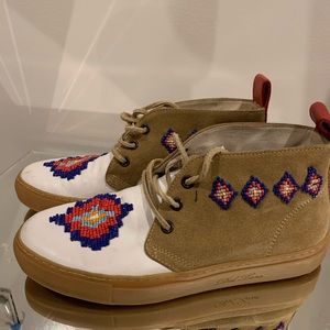 Del Toro Tan Suede and White Beaded Moccasin Sneakers with Red Pull Tab